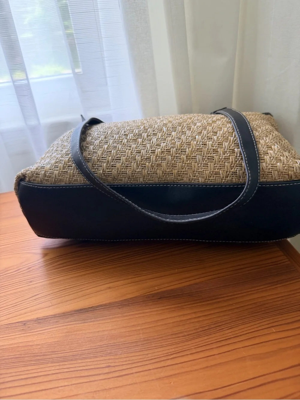 Boho Chic Woven faux Straw Tote Bag with Black Faux Leather Trim